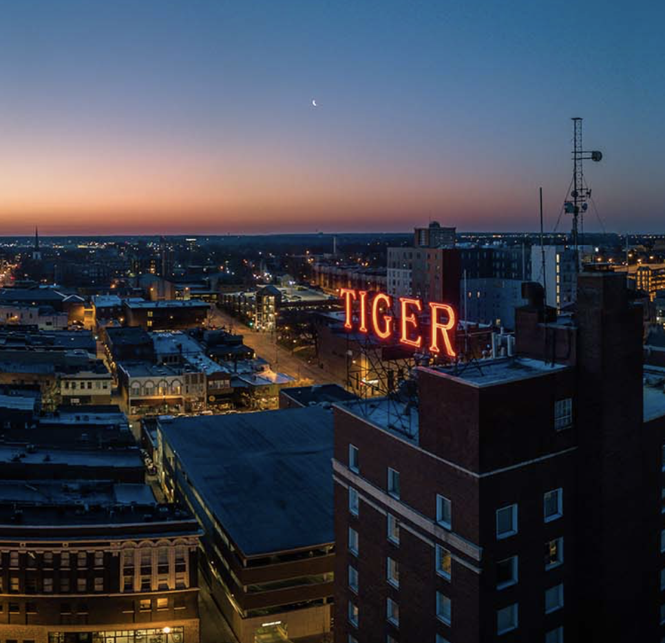 Dusk drone photo of The Tiger Hotel in downtown Columbia, Missouri